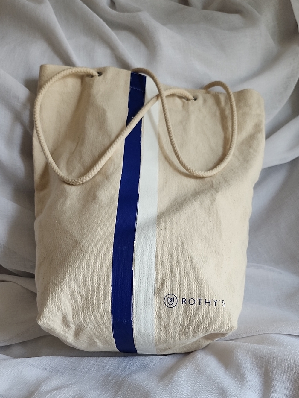 Rothy's Ex Cond Cream Canvas, Logo, Blue & White Stripe Accent Med Tote, $20 - Picture 3 of 8